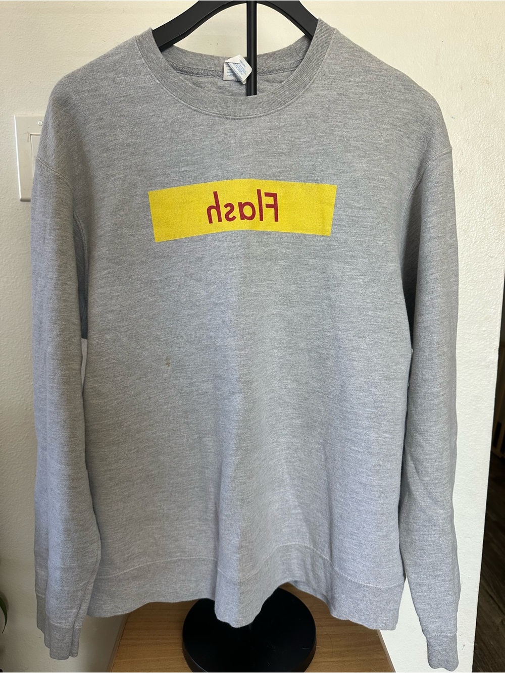 Port and Company Gray Crewneck Sweatshirt with Yellow and Red Flash Graphic